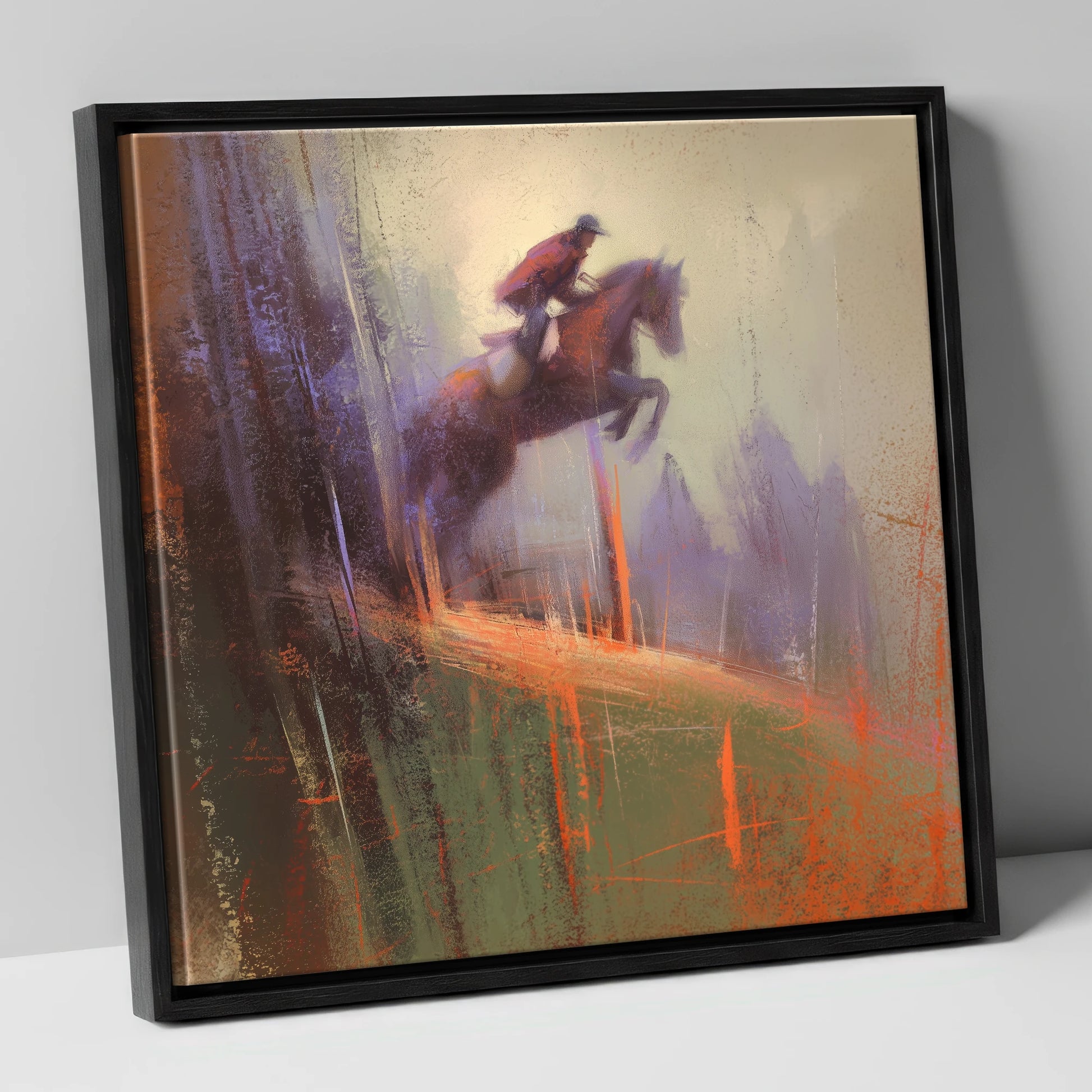 Flight Through the Haze show jumping horse canvas wall art in black frame