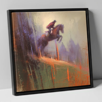 Flight Through the Haze show jumping horse canvas wall art in black frame