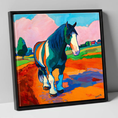 Vibrant Coloured Cob horse breed canvas wall art in black frame