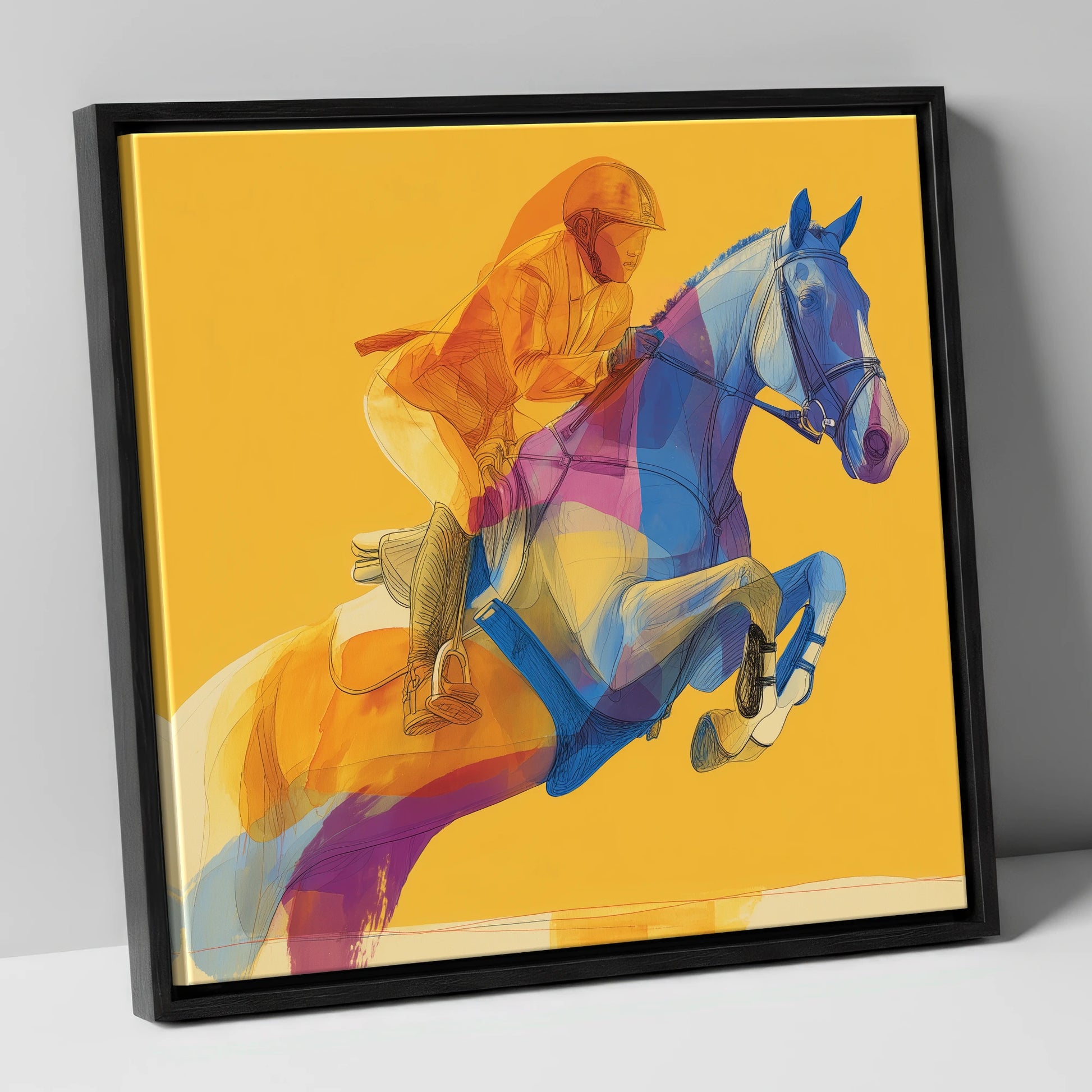 Vivid Ascent show jumping horse canvas wall art in black frame