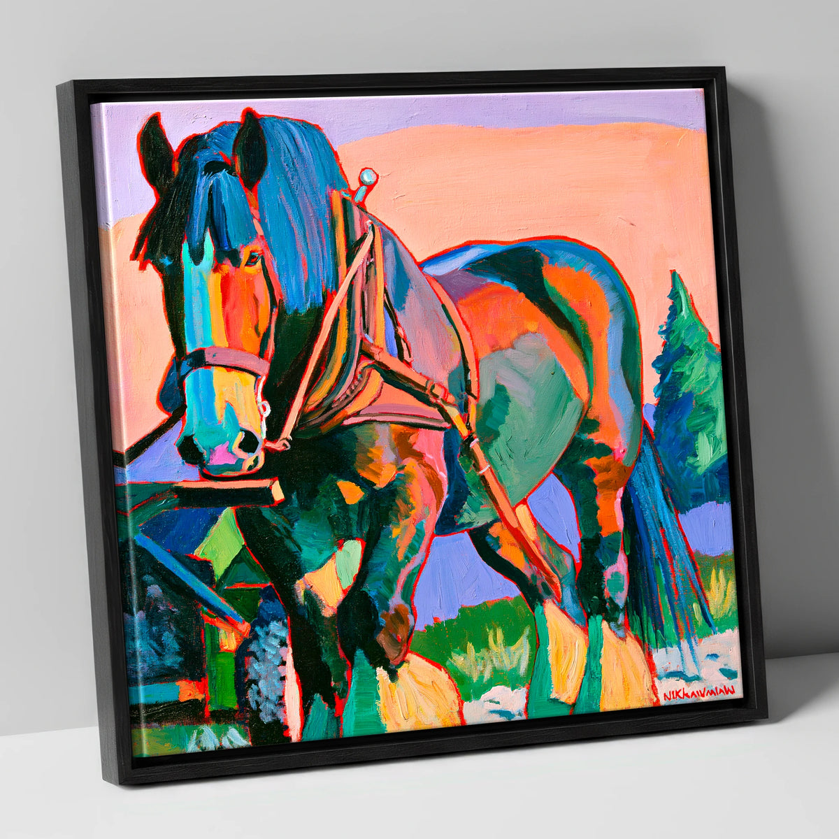 Vibrant Heavy Horse in Harness horse breed canvas wall art in black frame