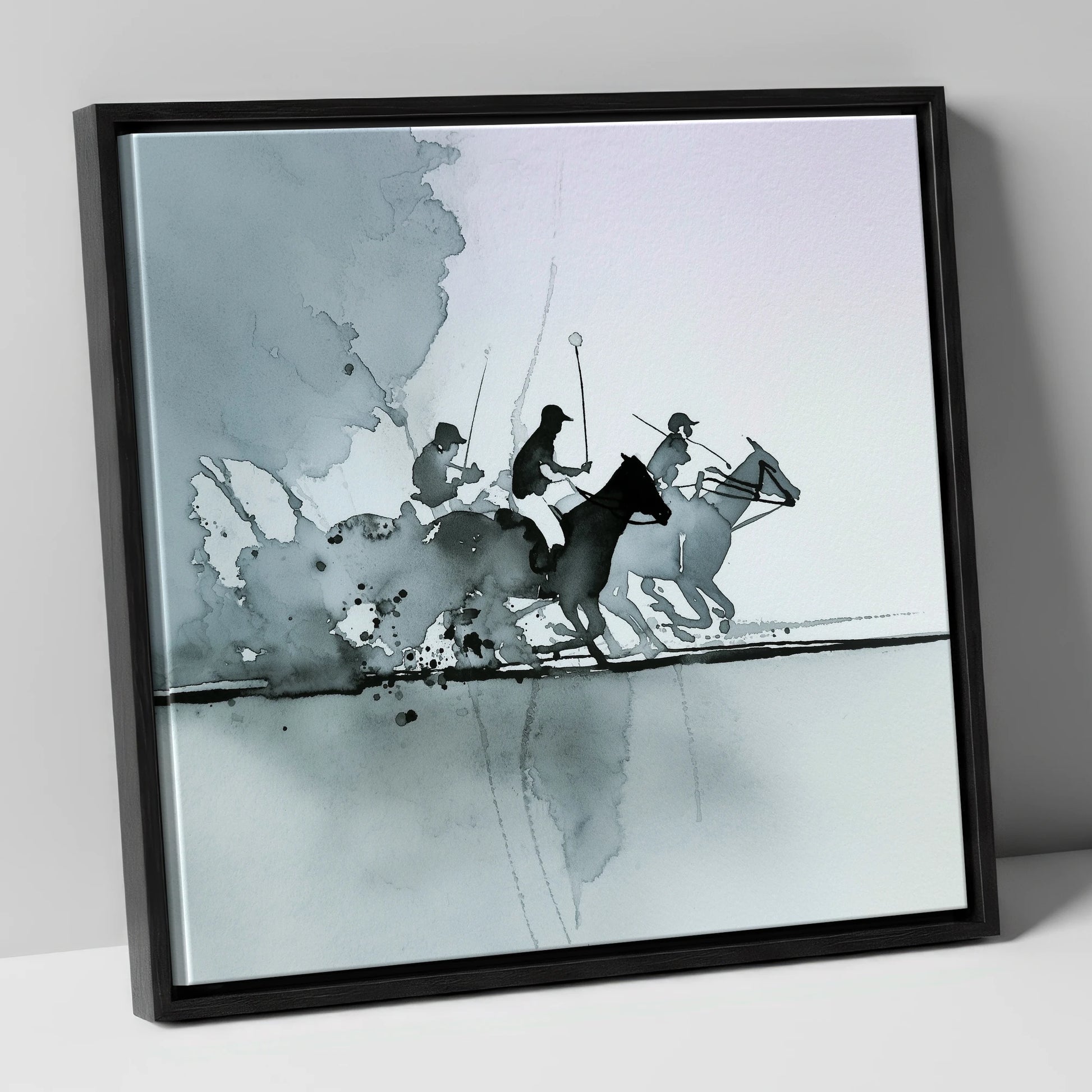 Shadows of the Chukka polo horse canvas wall art in black frame