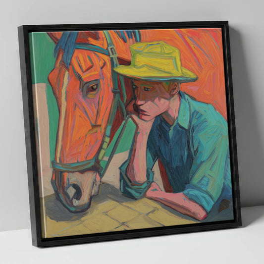 Quiet Companionship horse & rider canvas wall art in black frame