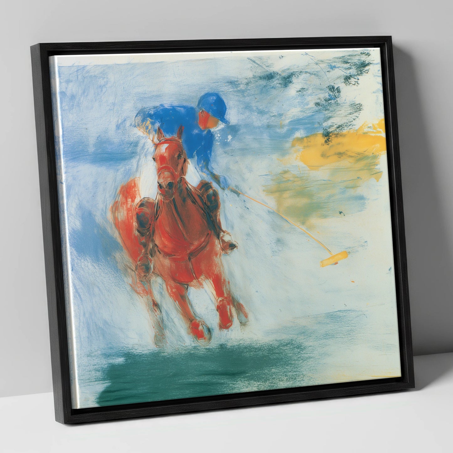 Midfield Strike polo horse canvas wall art in black frame