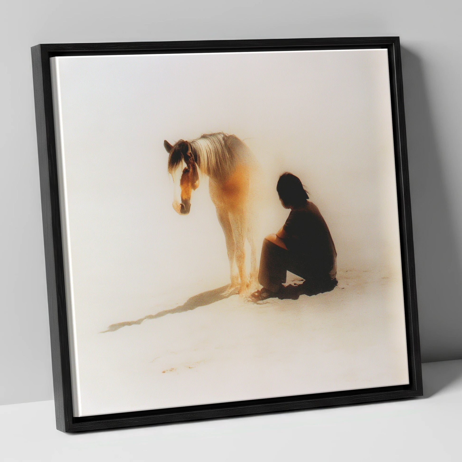 Quiet Presence horse & rider canvas wall art in black frame
