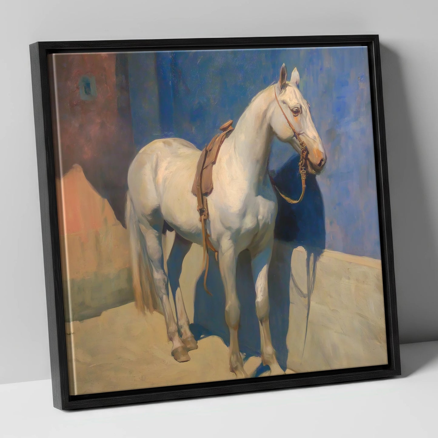 Sunlit Grey against Azure horse breed canvas wall art in black frame