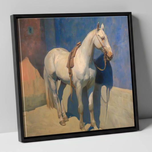Sunlit Grey against Azure horse breed canvas wall art in black frame