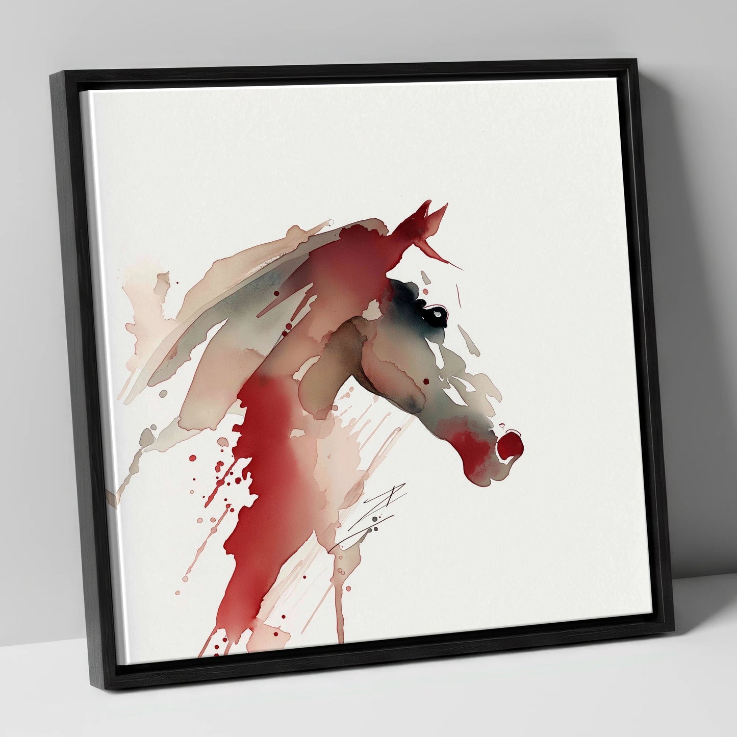Crimson Momentum racing horse canvas wall art in black frame