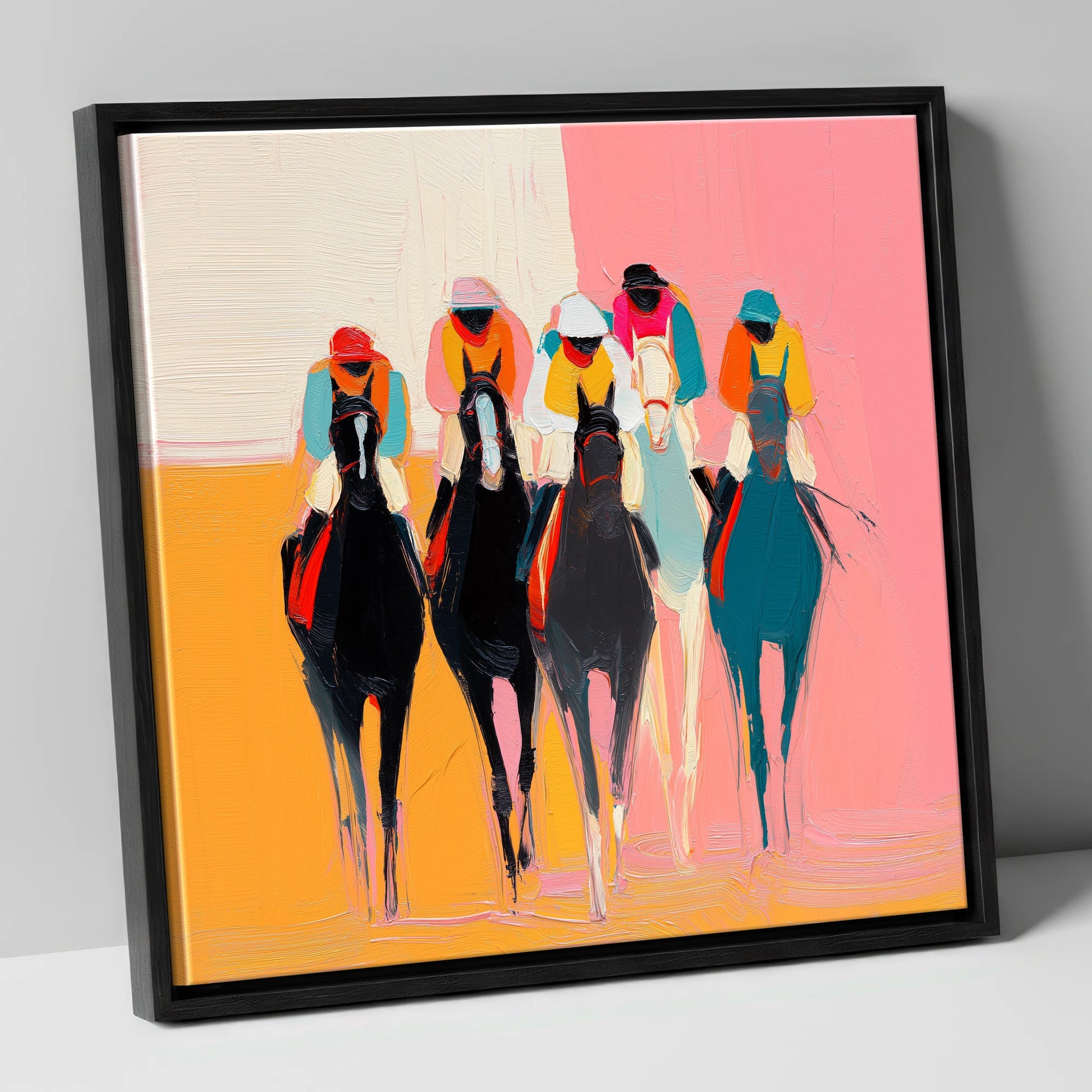 Charge to the Line racing horse canvas wall art in black frame