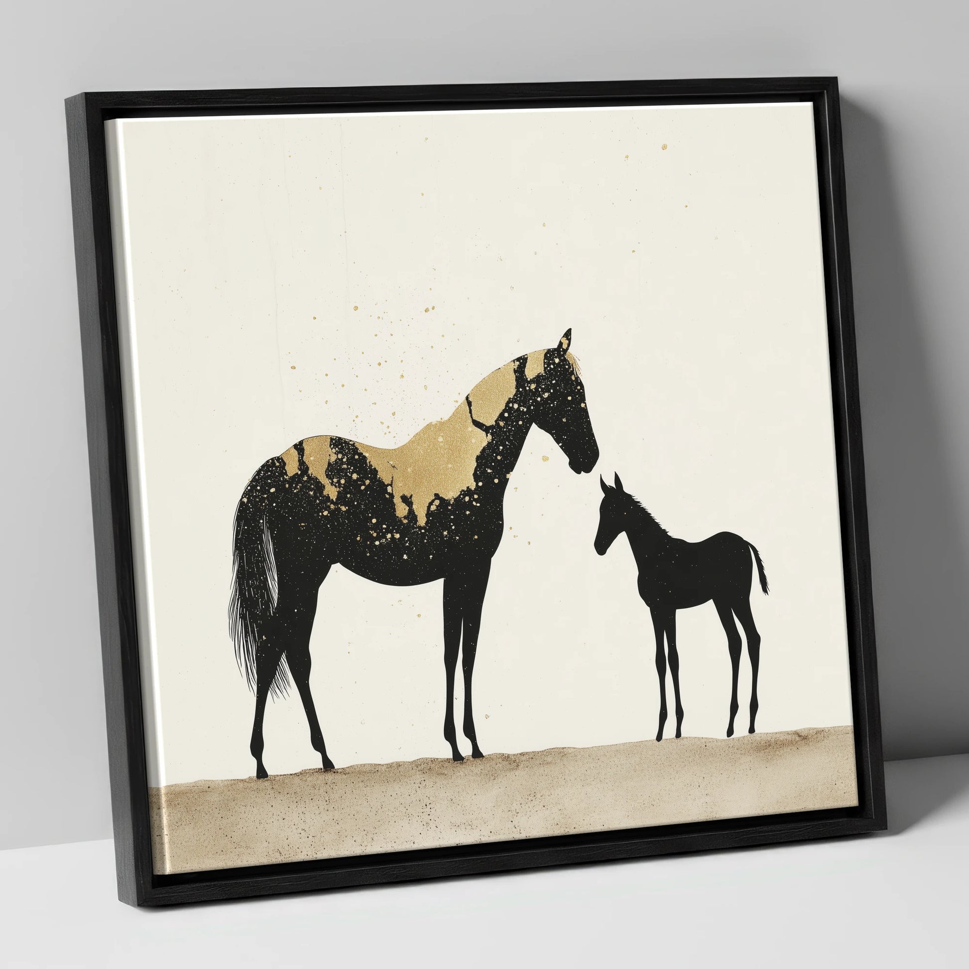 Gilded Bond mare & foal canvas wall art in black frame