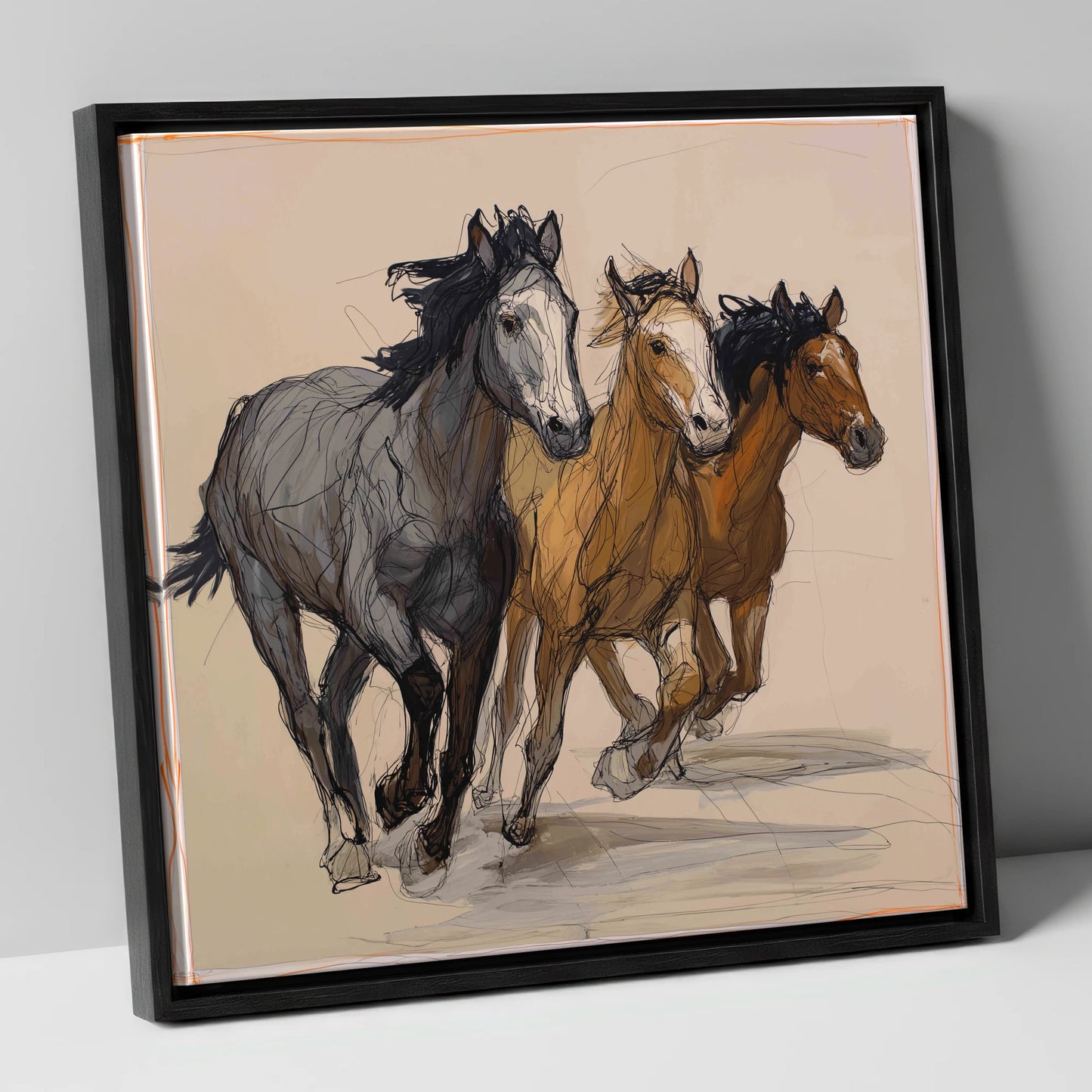 Spirited Trio wild horses canvas wall art in black frame