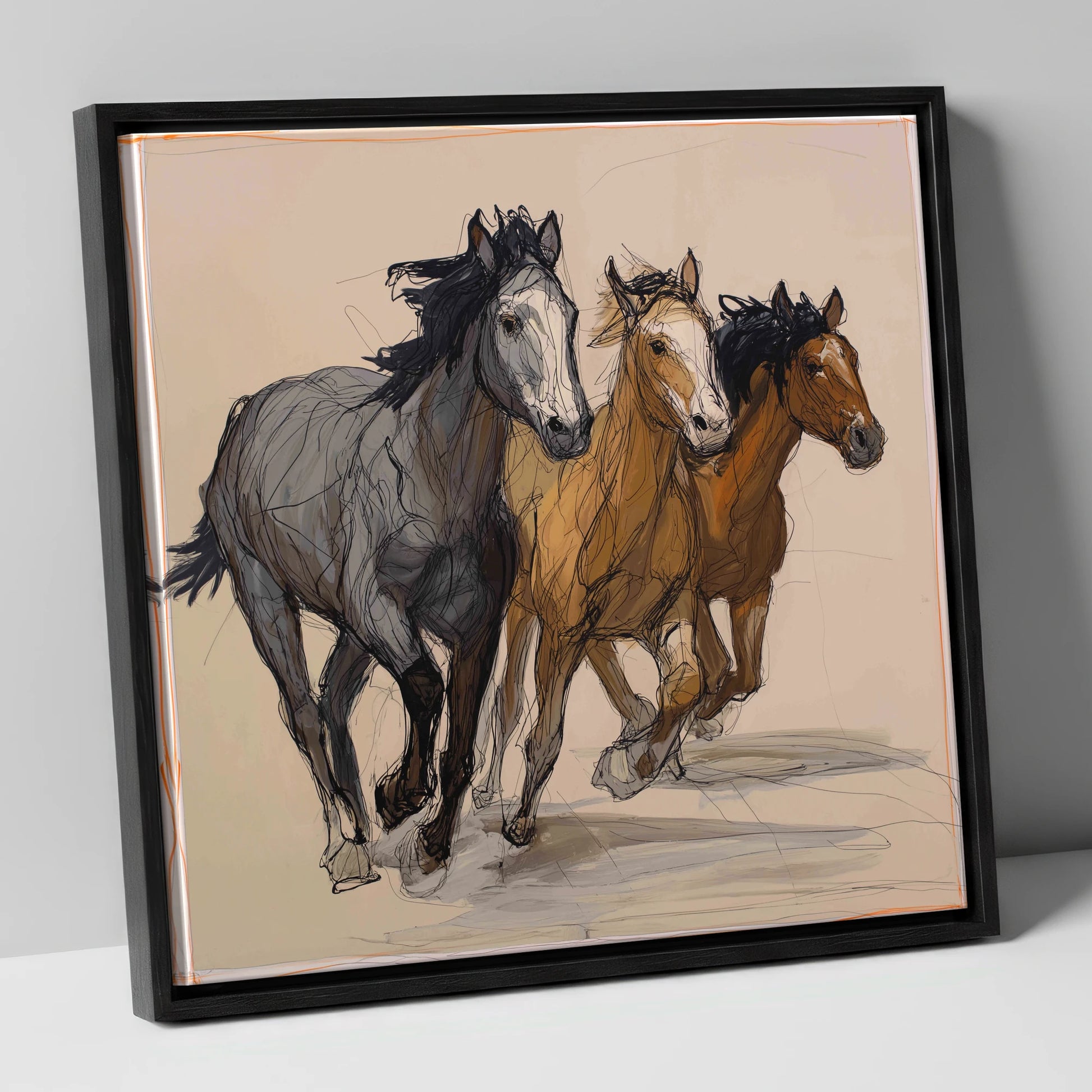 Spirited Trio wild horses canvas wall art in black frame