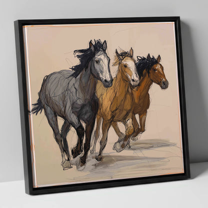 Spirited Trio wild horses canvas wall art in black frame