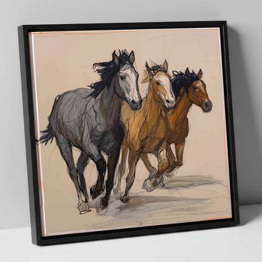 Spirited Trio wild horses canvas wall art in black frame