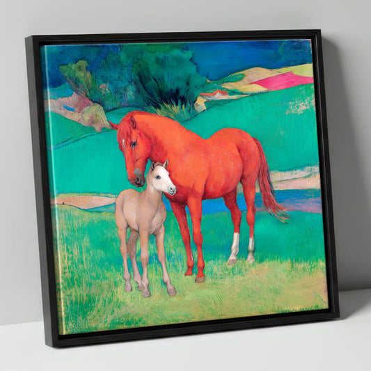 Vibrant Maternal Bond mare & foal canvas wall art in black frame