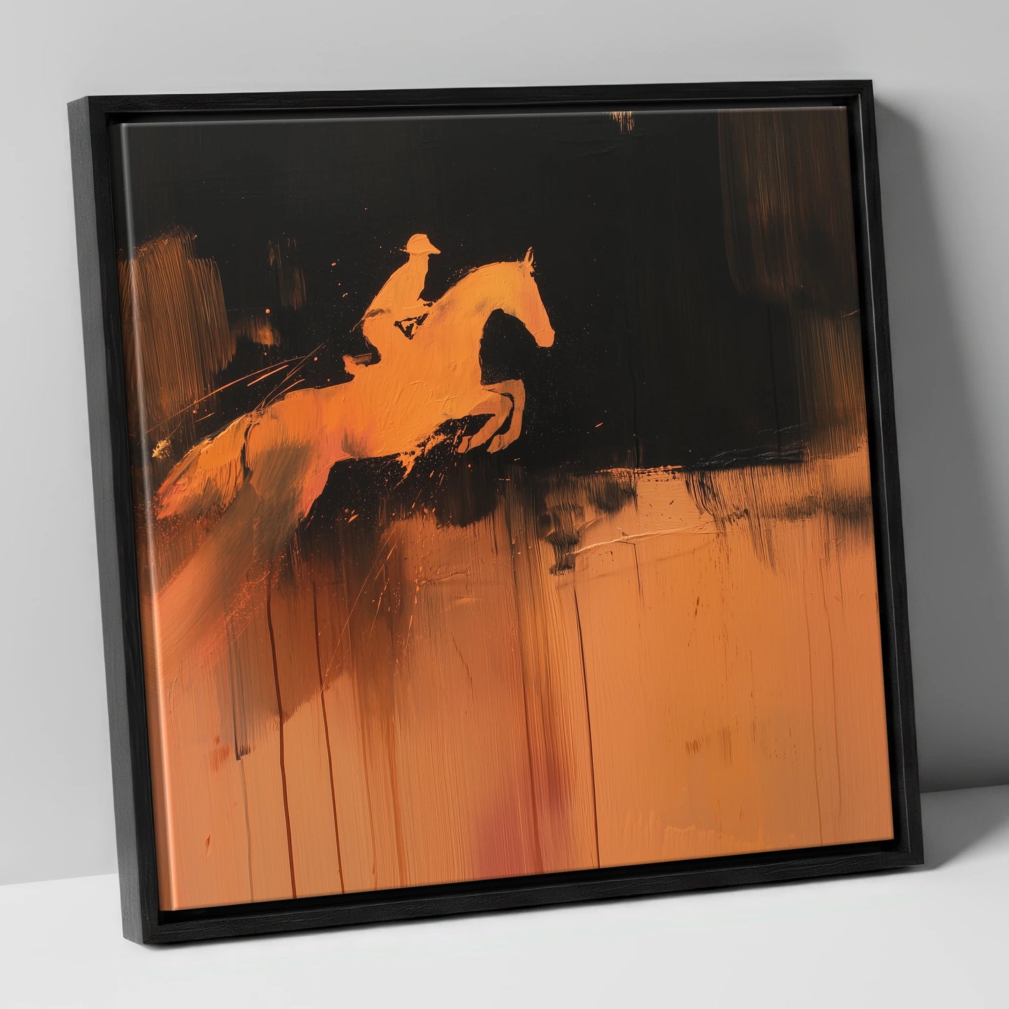 The Amber Leap show jumping horse canvas wall art in black frame