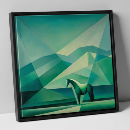 Emerald Equine Geometry horse landscape canvas wall art in black frame