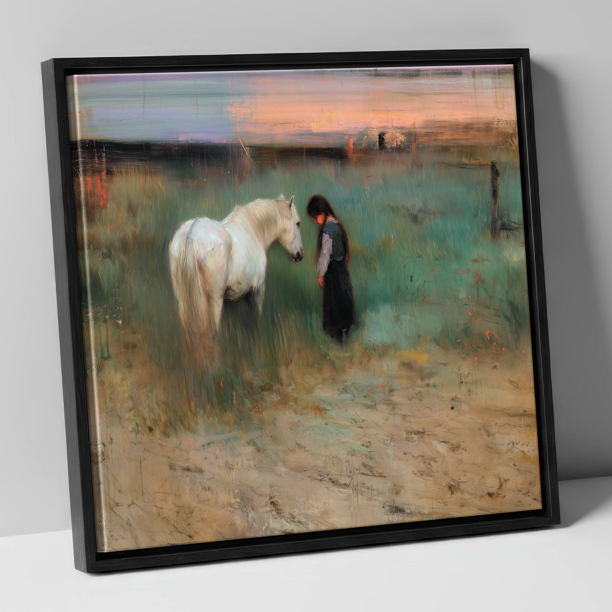 The Quiet Bond horse & rider canvas wall art in black frame