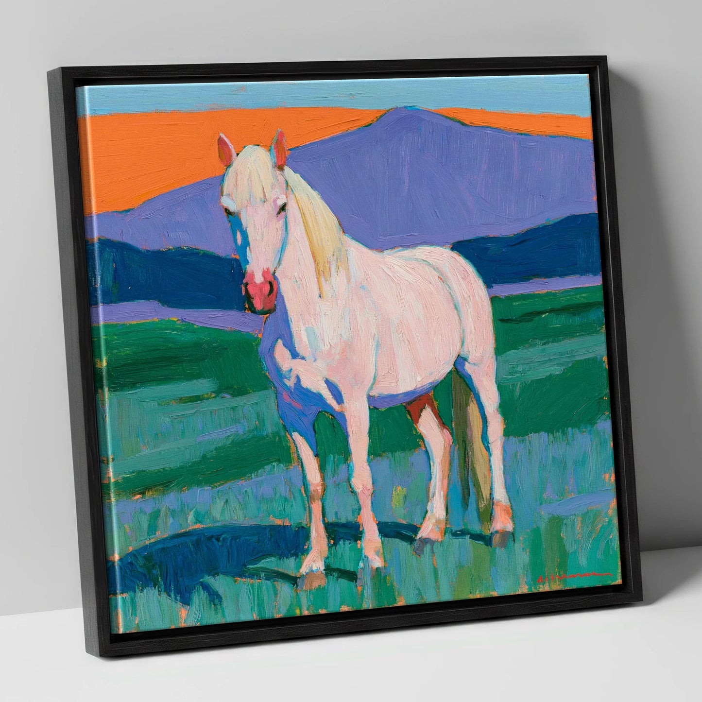 Grey Horse in Colourful Landscape horse breed canvas wall art in black frame