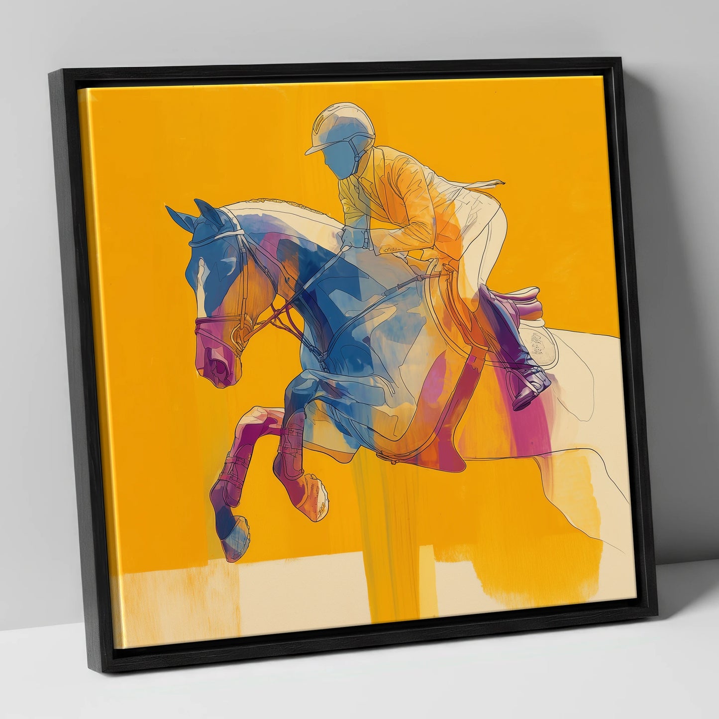 Vibrant Mid-Air Clearance show jumping horse canvas wall art in black frame