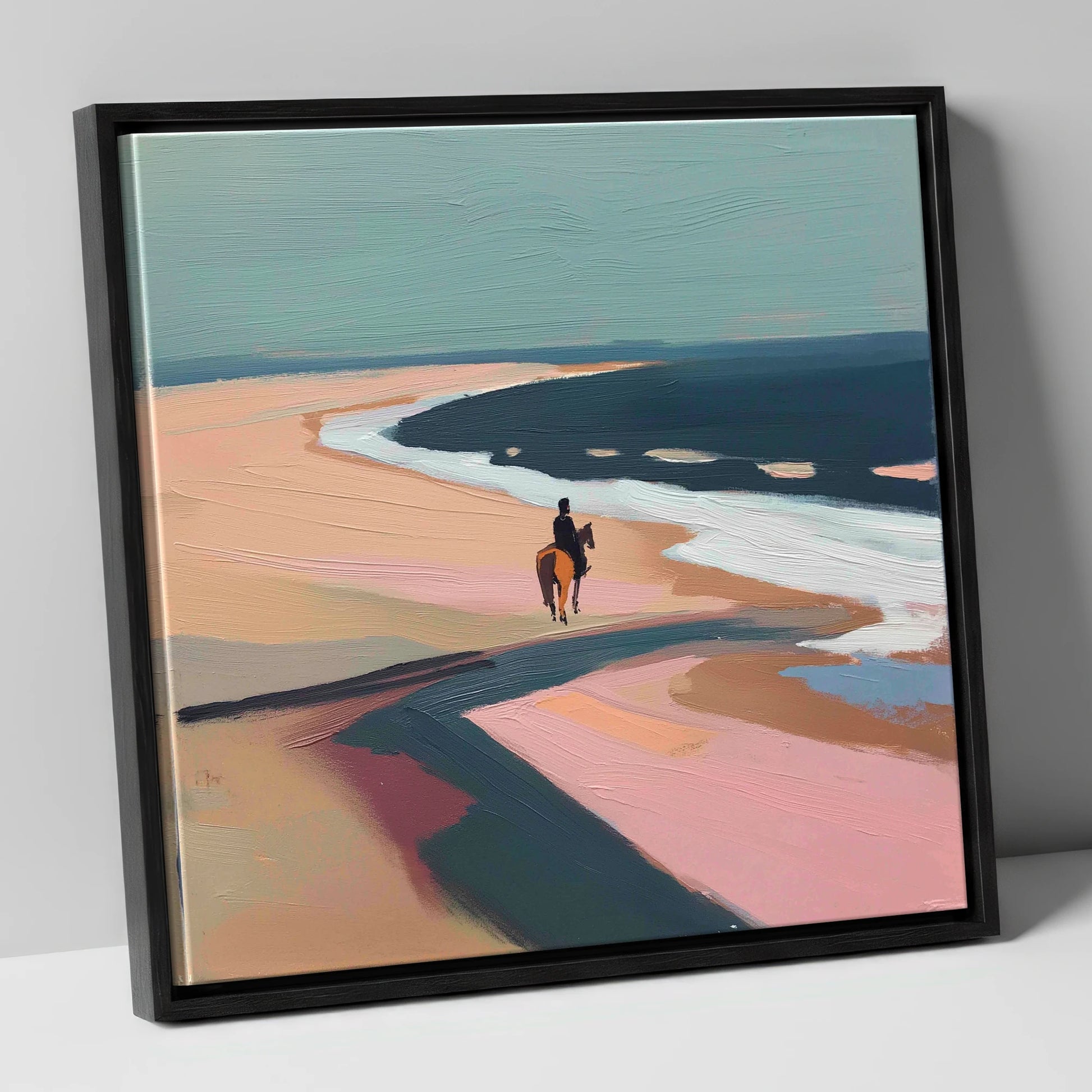 Coastal Solitude horse landscape canvas wall art in black frame