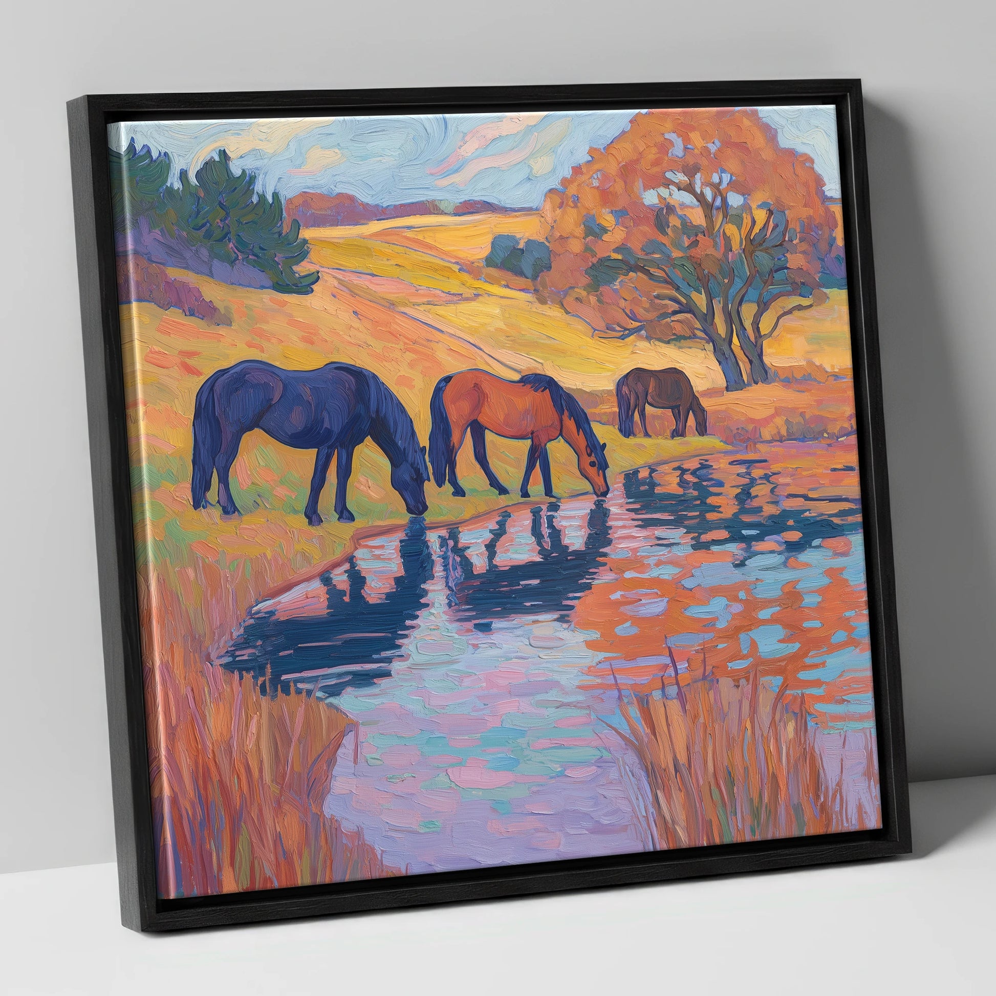 Painted Pasture Reflections horse landscape canvas wall art in black frame