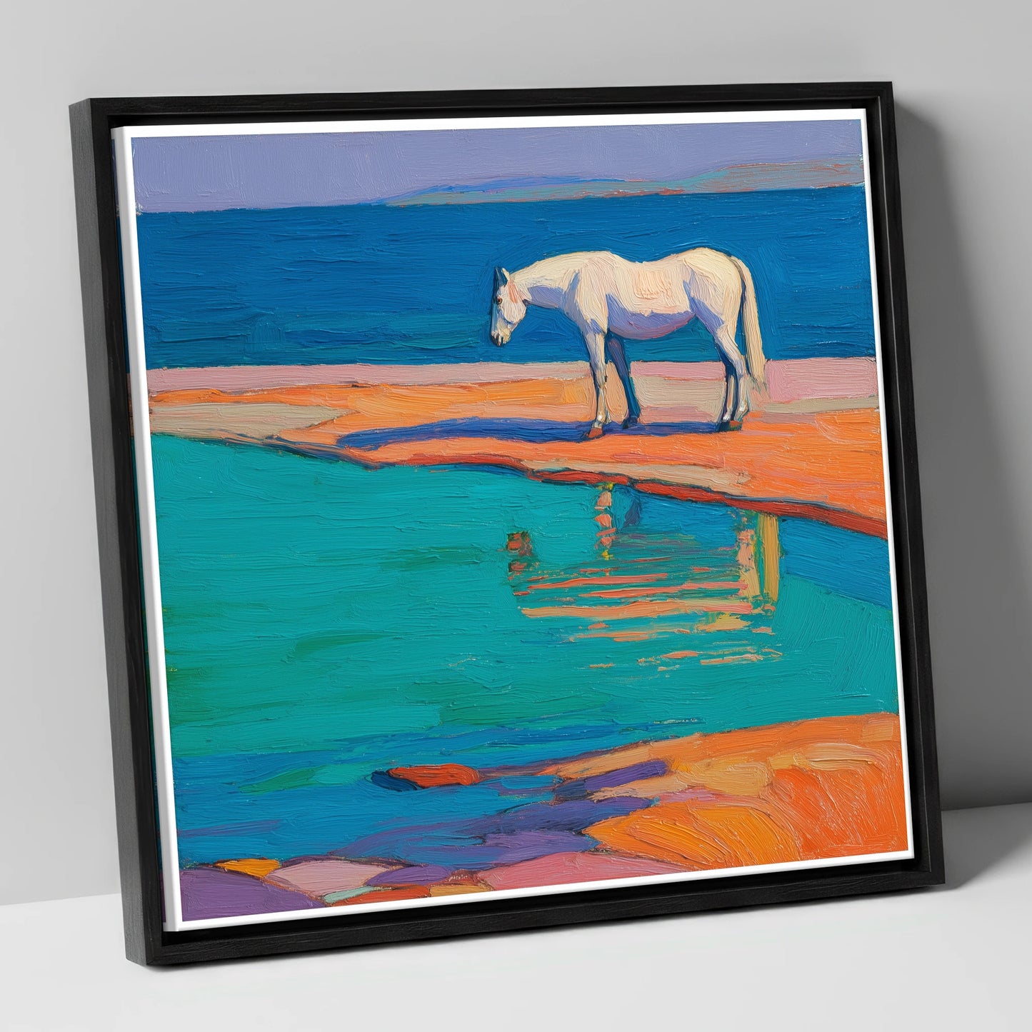 Turquoise Tide Reflections beach horse canvas wall art in black frame