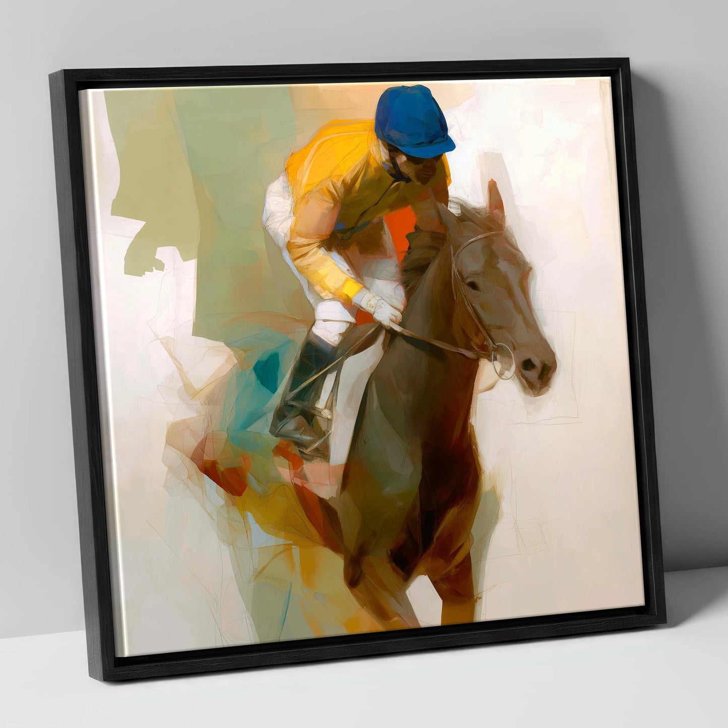 Yellow Silk Strike racing horse canvas wall art in black frame