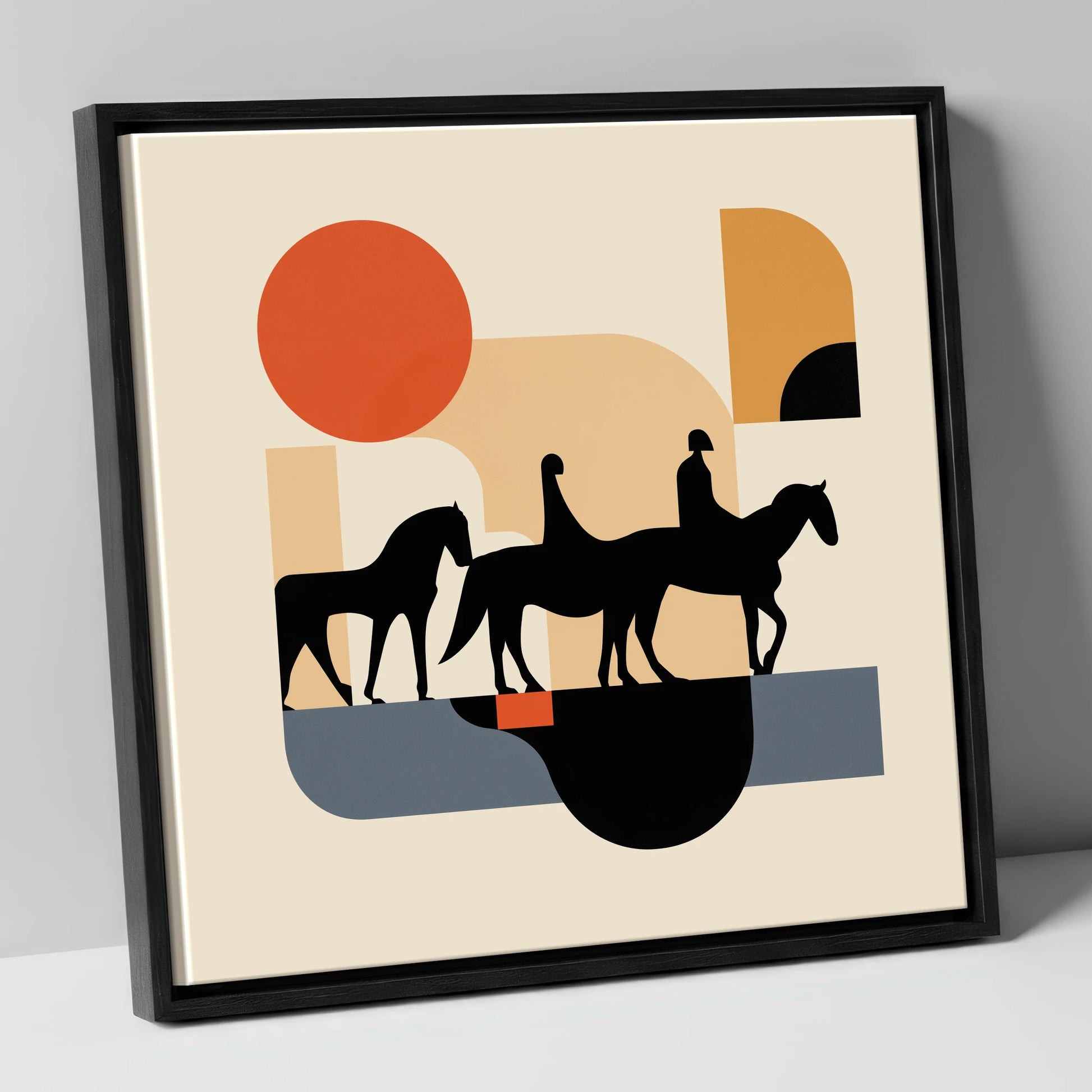 Retro Equine Trail horse landscape canvas wall art in black frame