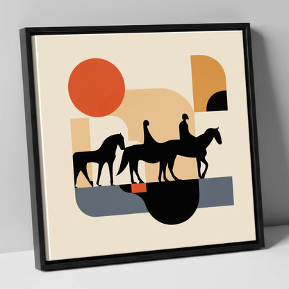 Retro Equine Trail horse landscape canvas wall art in black frame