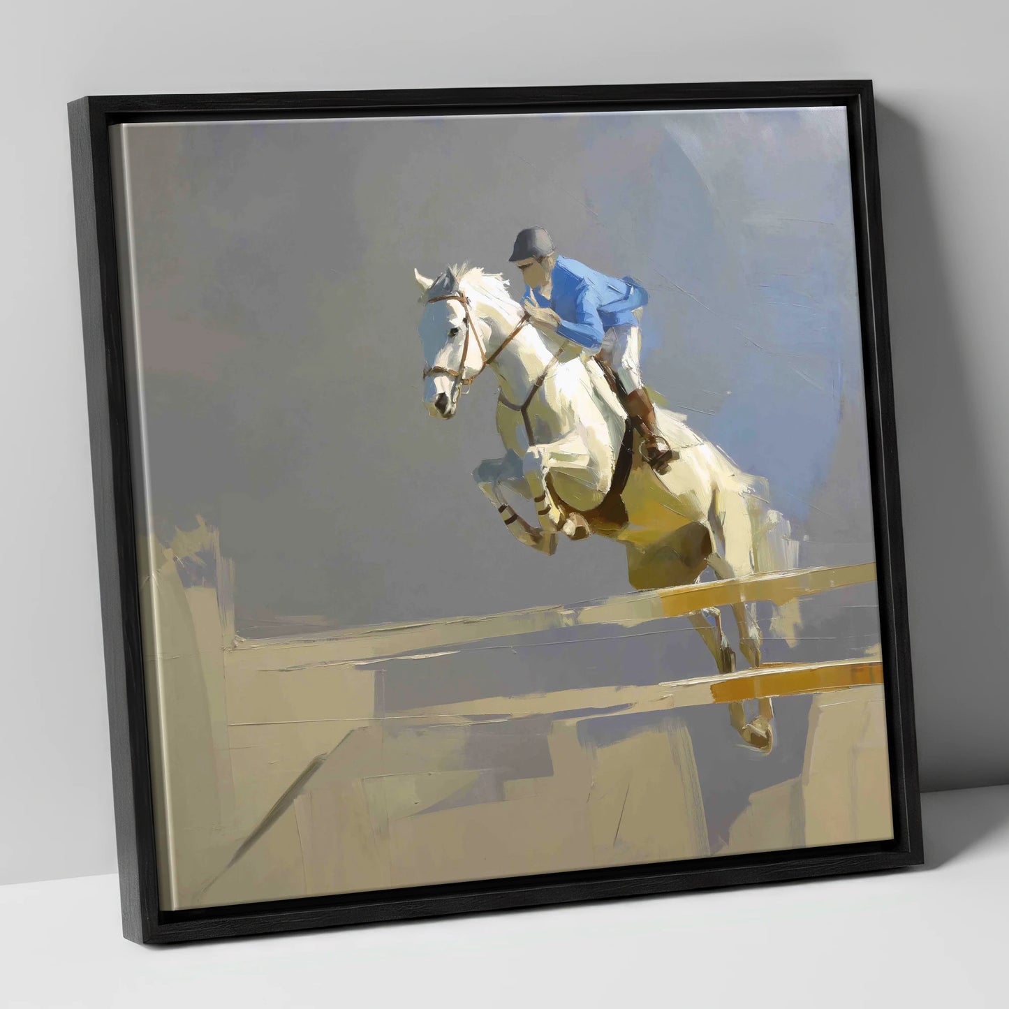 Soaring Grey Showjumper show jumping horse canvas wall art in black frame