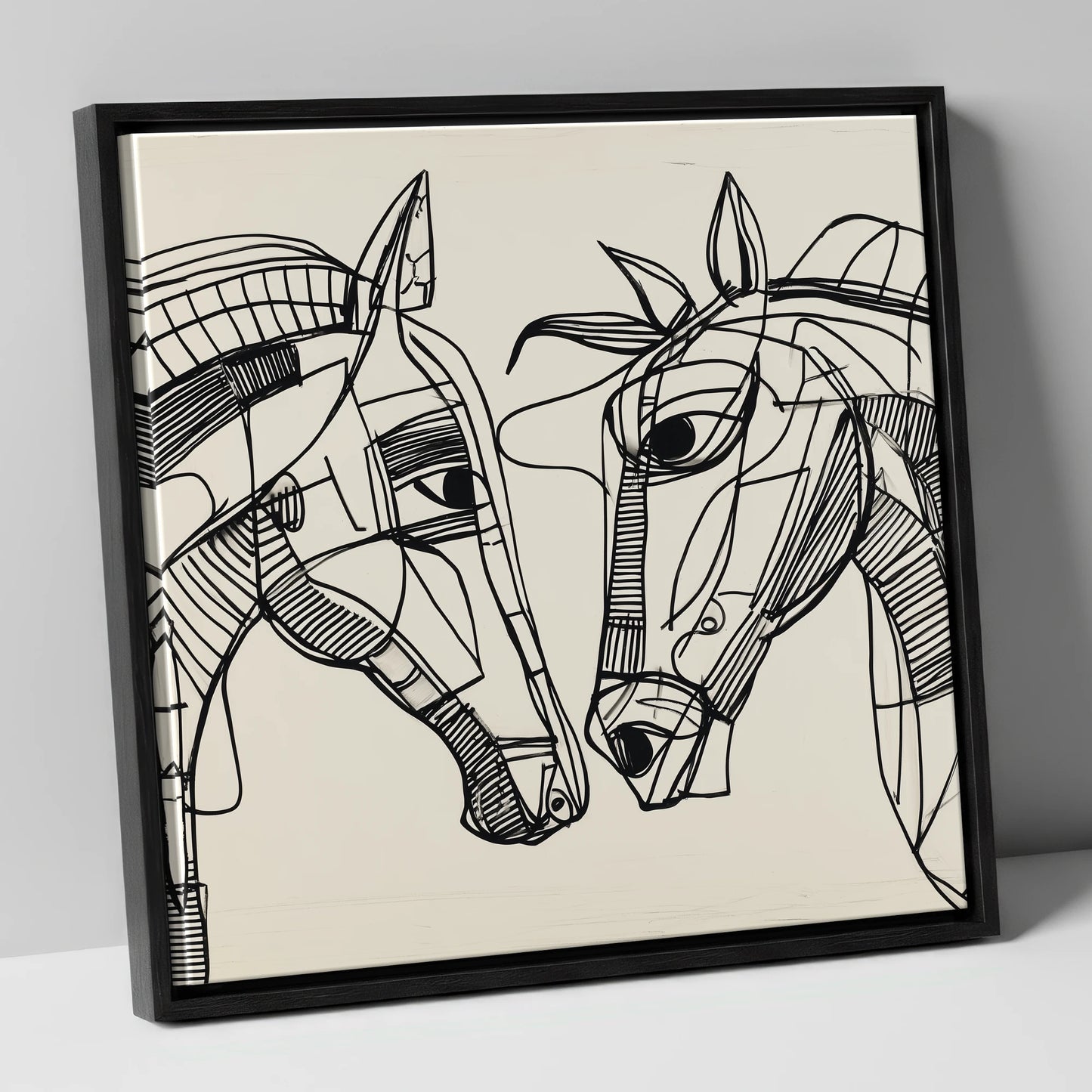 Linear Equine Connection horse portrait canvas wall art in black frame