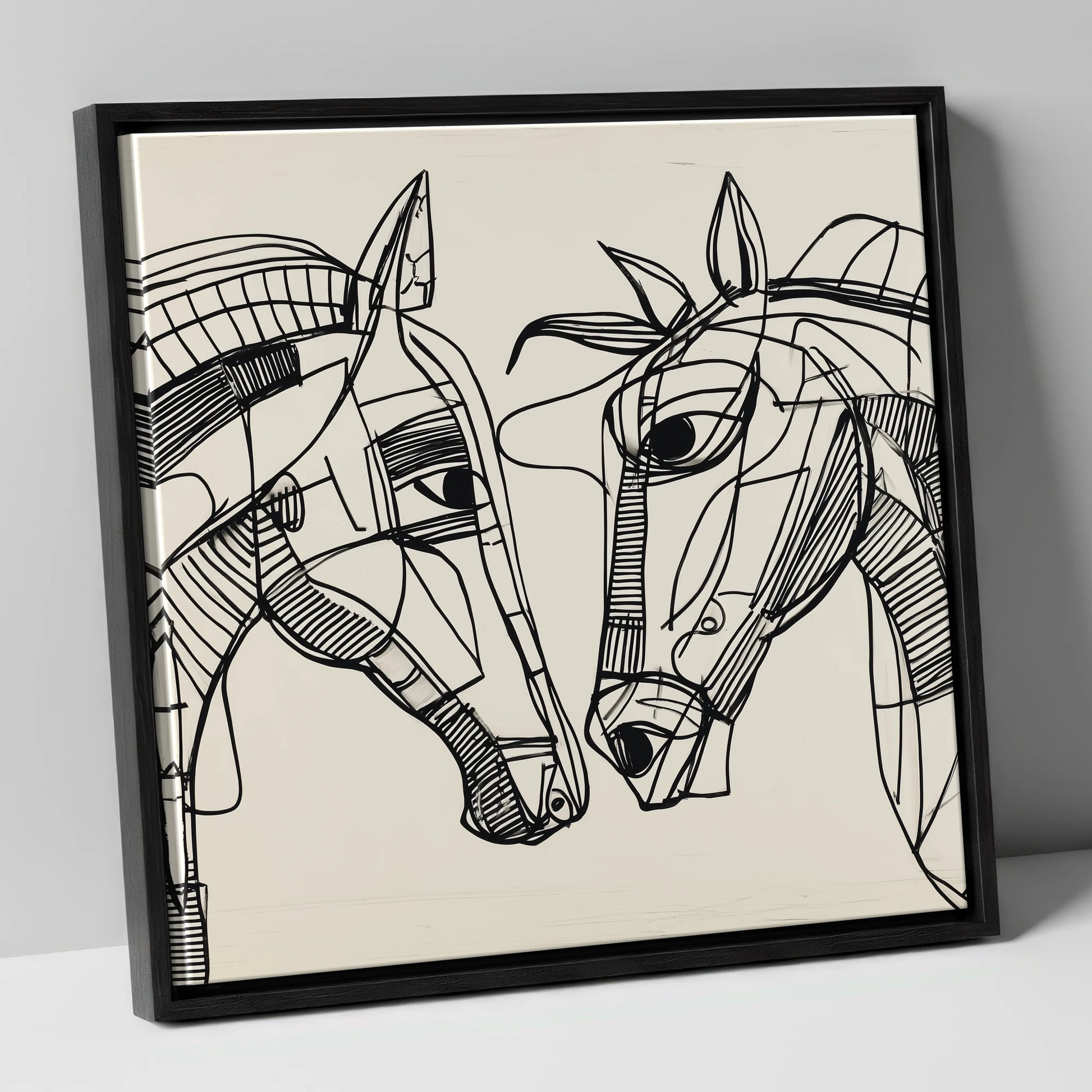 Linear Equine Connection horse portrait canvas wall art in black frame