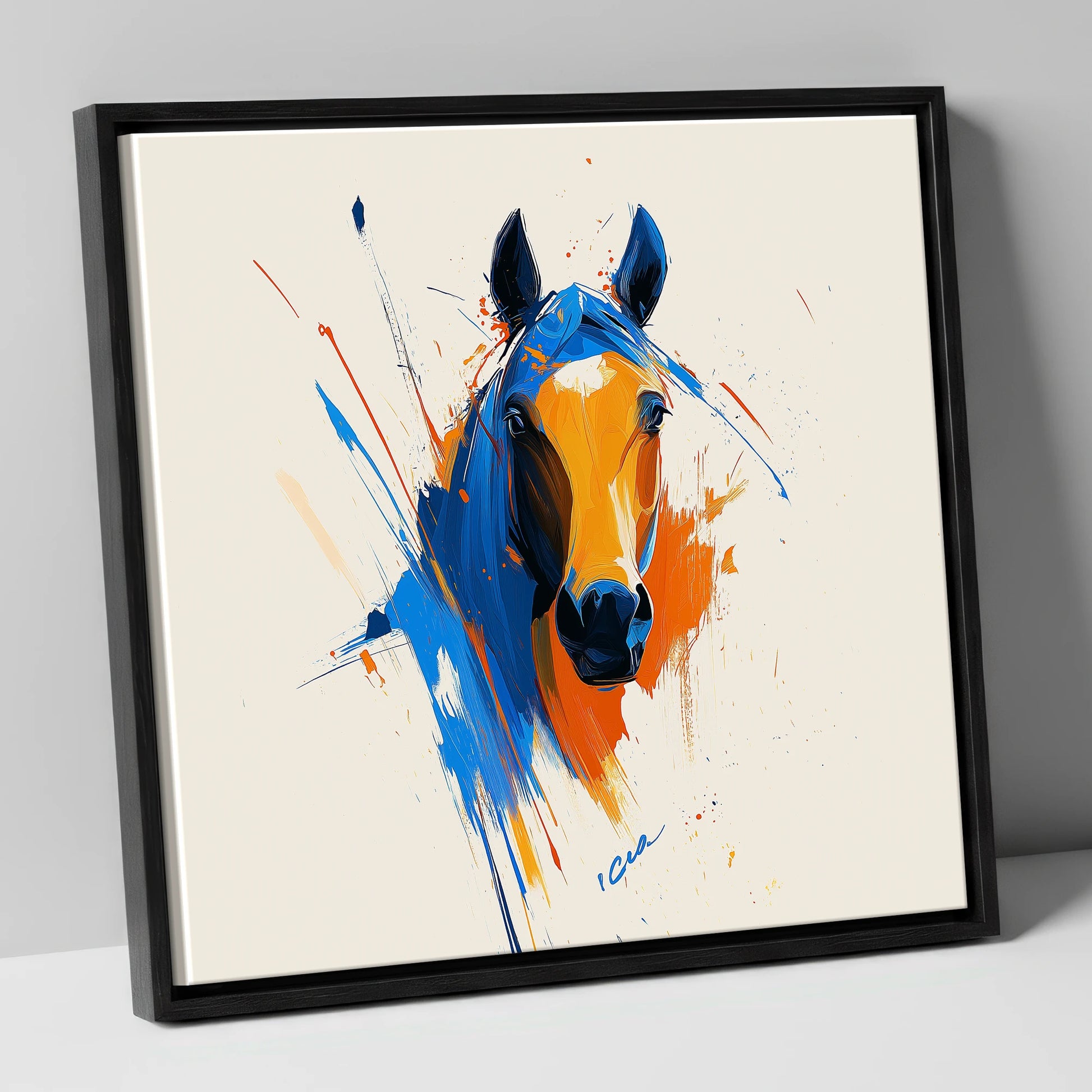 Indigo and Fire horse portrait canvas wall art in black frame