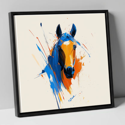 Indigo and Fire horse portrait canvas wall art in black frame