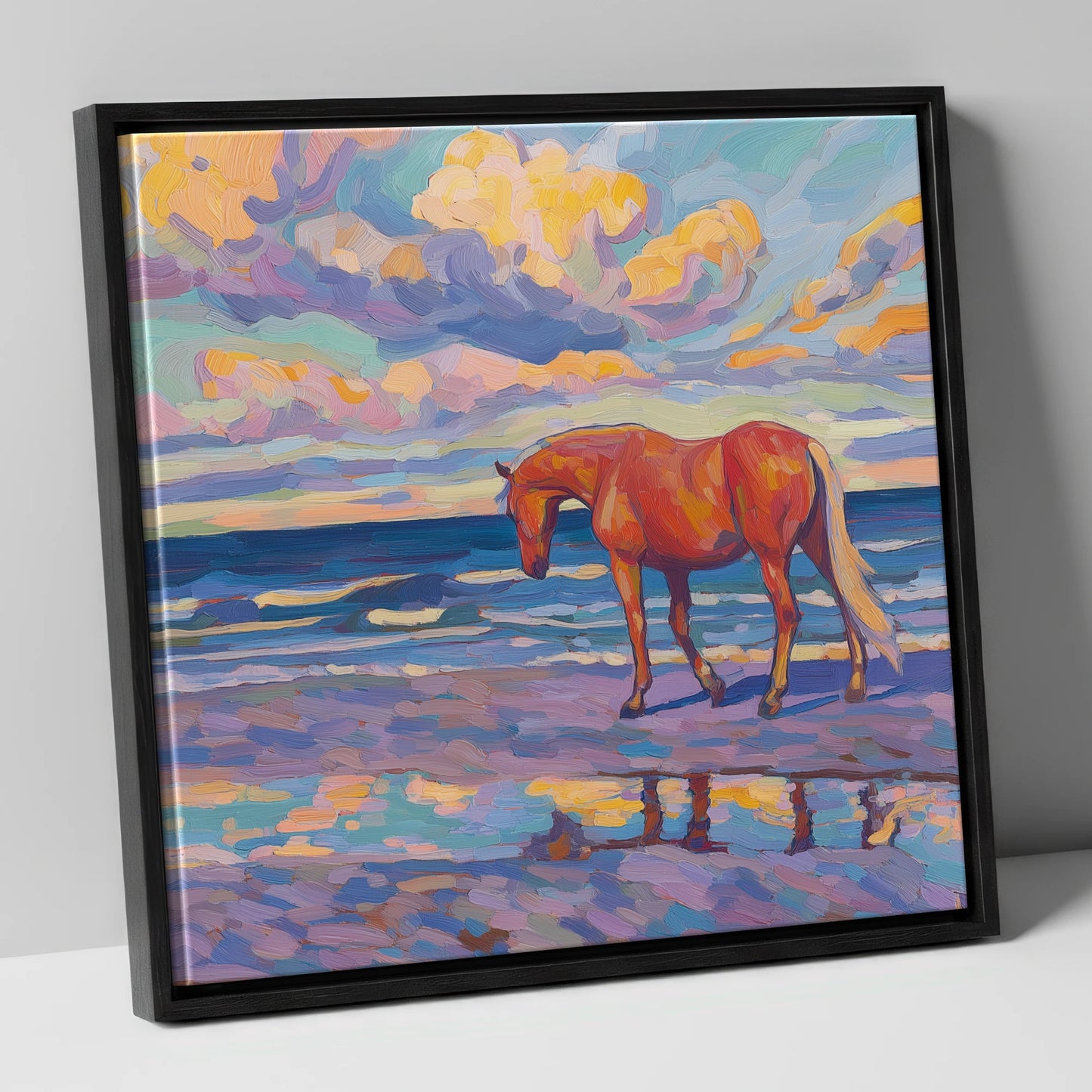 Vivid Coastal Solitude horse landscape canvas wall art in black frame