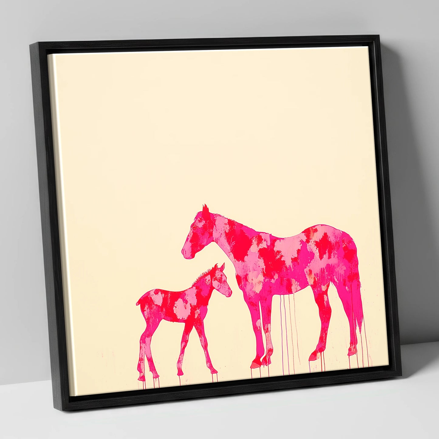 Magenta Mare and Foal mare & foal canvas wall art in black frame