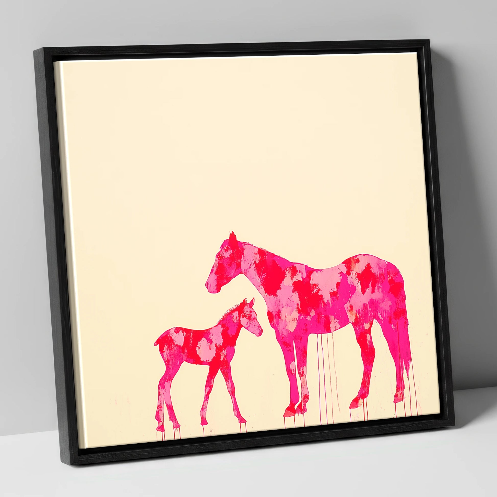 Magenta Mare and Foal mare & foal canvas wall art in black frame