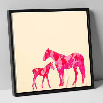 Magenta Mare and Foal mare & foal canvas wall art in black frame
