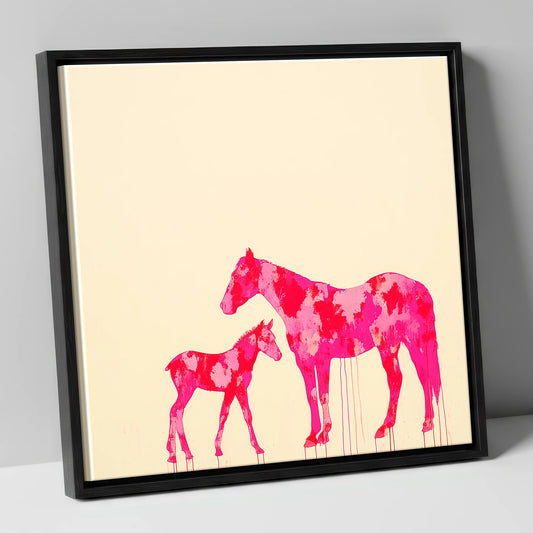 Magenta Mare and Foal mare & foal canvas wall art in black frame
