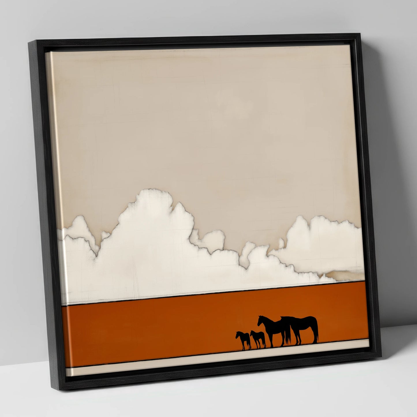 Burnt Orange Horizon horse landscape canvas wall art in black frame