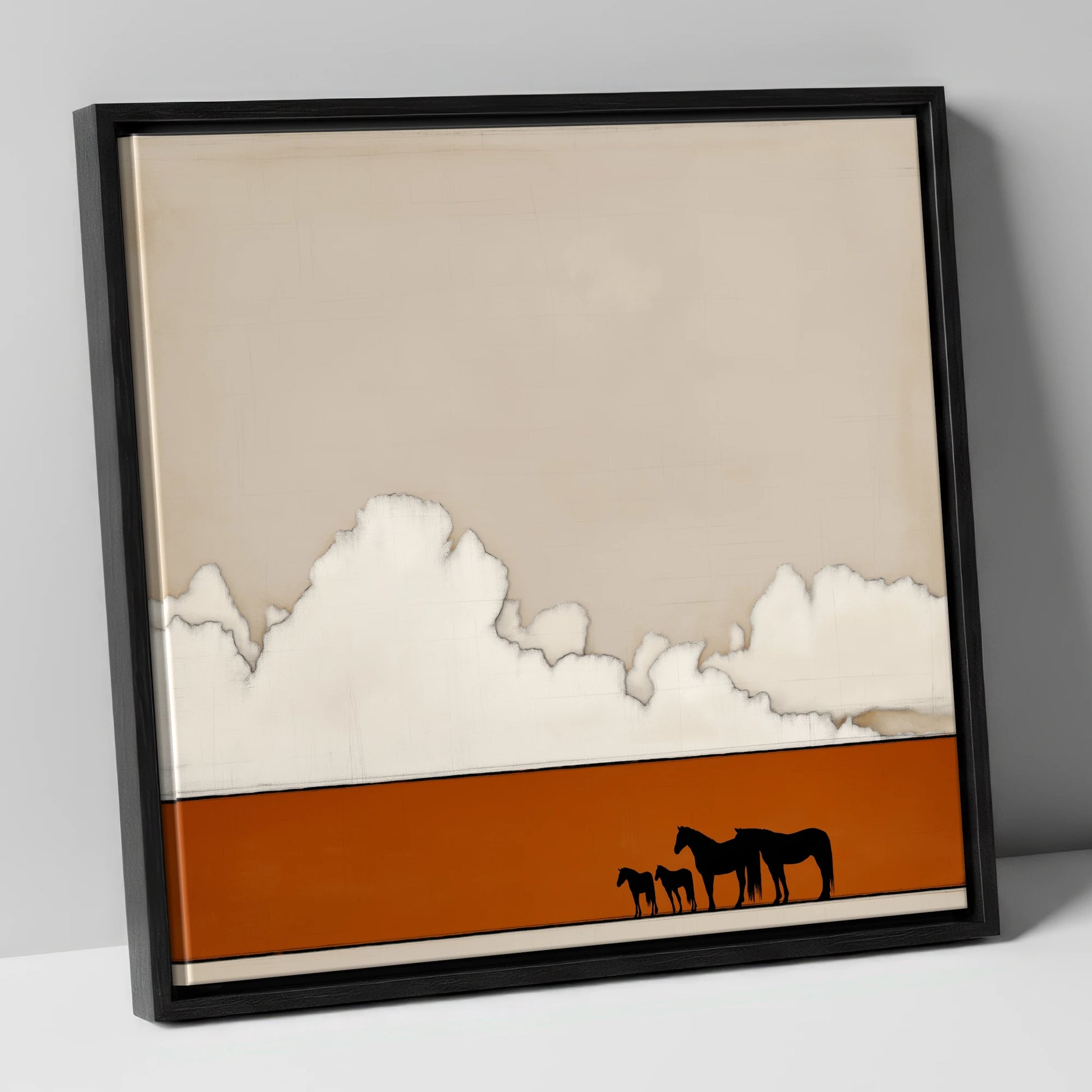 Burnt Orange Horizon horse landscape canvas wall art in black frame