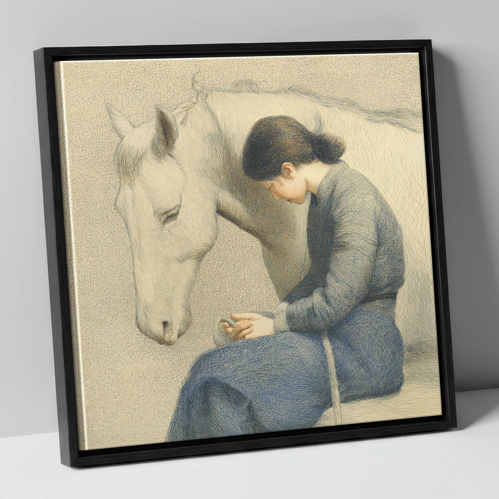 Solace in Stillness horse & rider canvas wall art in black frame