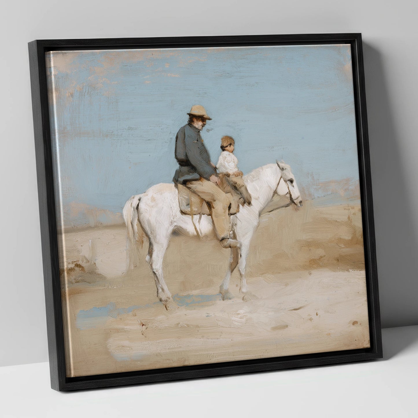 The First Hack horse & rider canvas wall art in black frame
