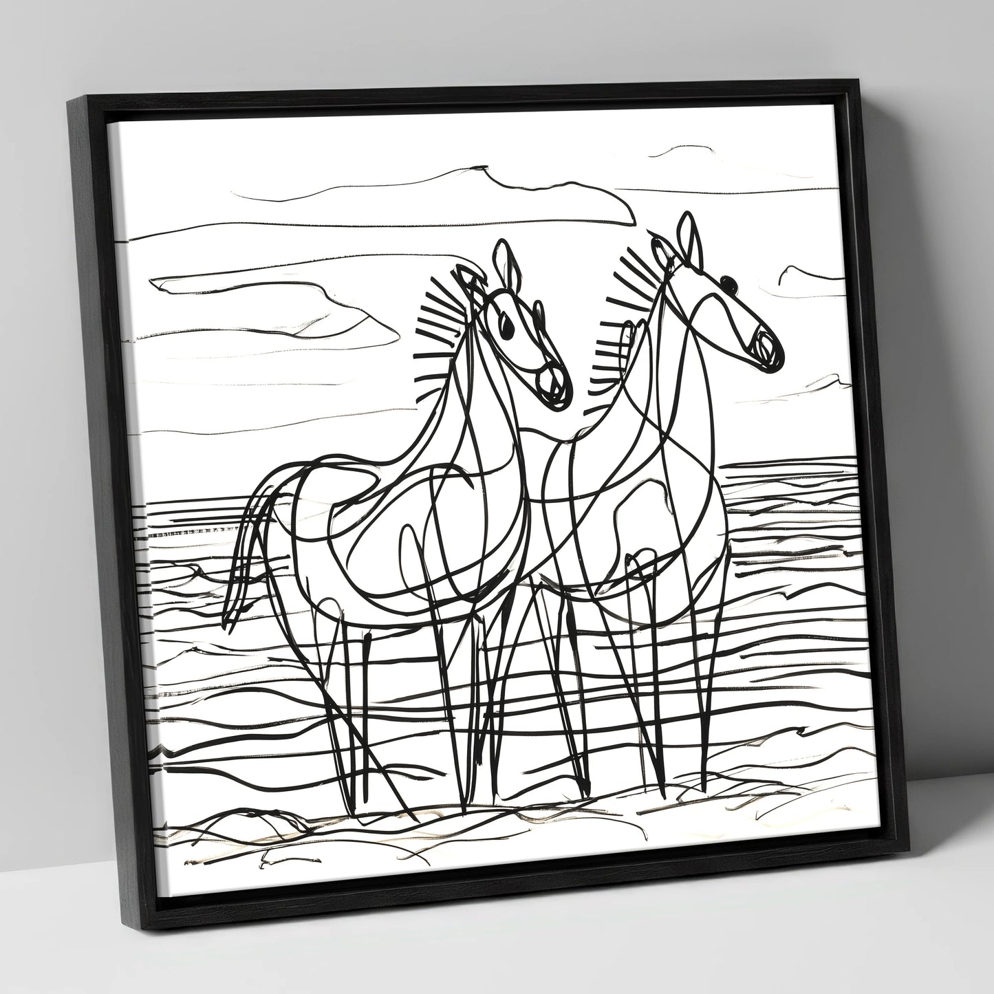Linear Equine Companions horse landscape canvas wall art in black frame