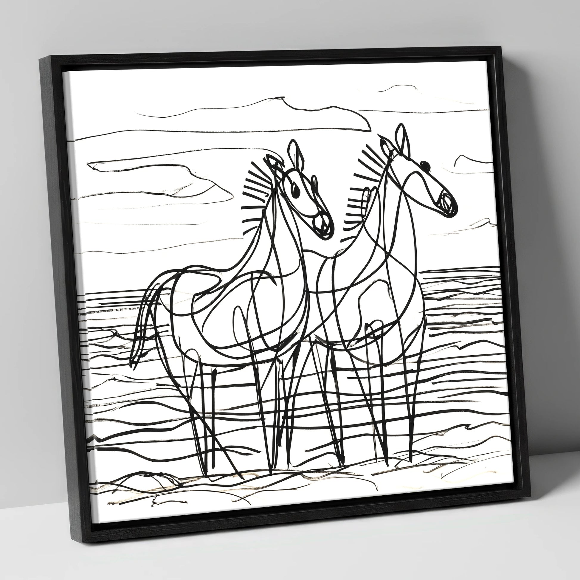 Linear Equine Companions horse landscape canvas wall art in black frame