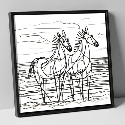 Linear Equine Companions horse landscape canvas wall art in black frame