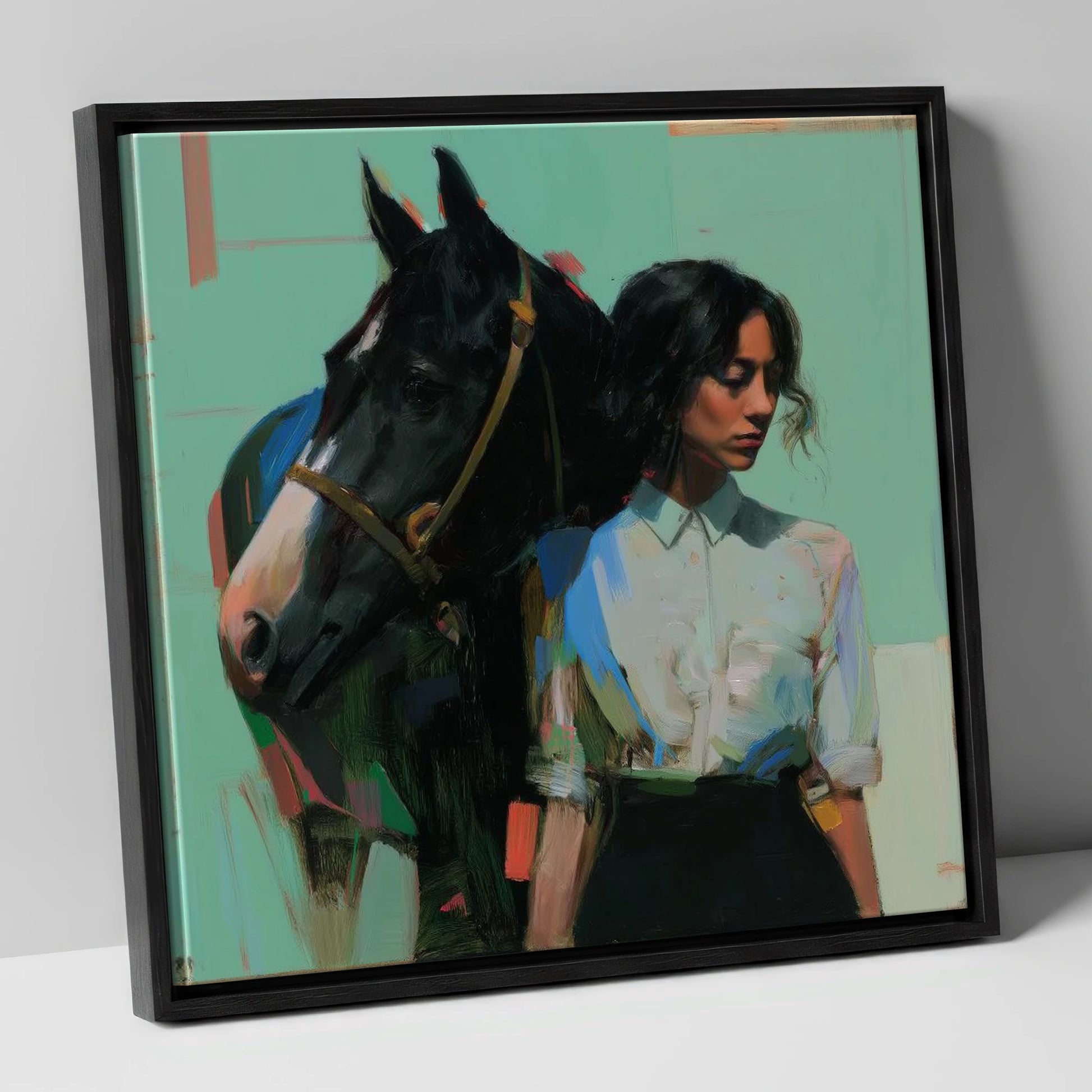 The Shared Silence horse & rider canvas wall art in black frame