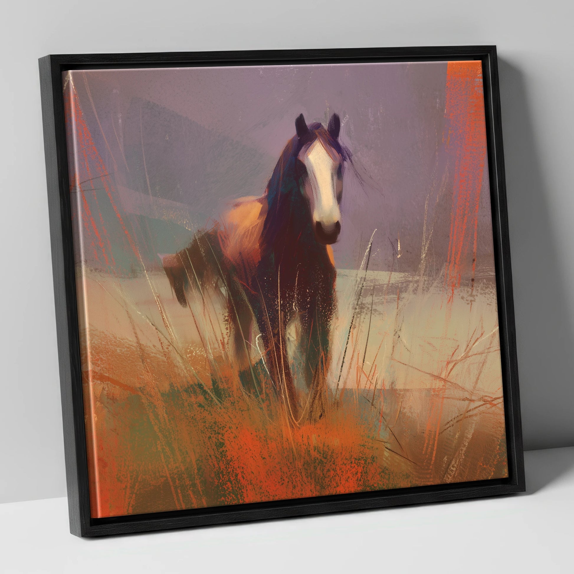 Autumn Sienna Portrait wild horses canvas wall art in black frame