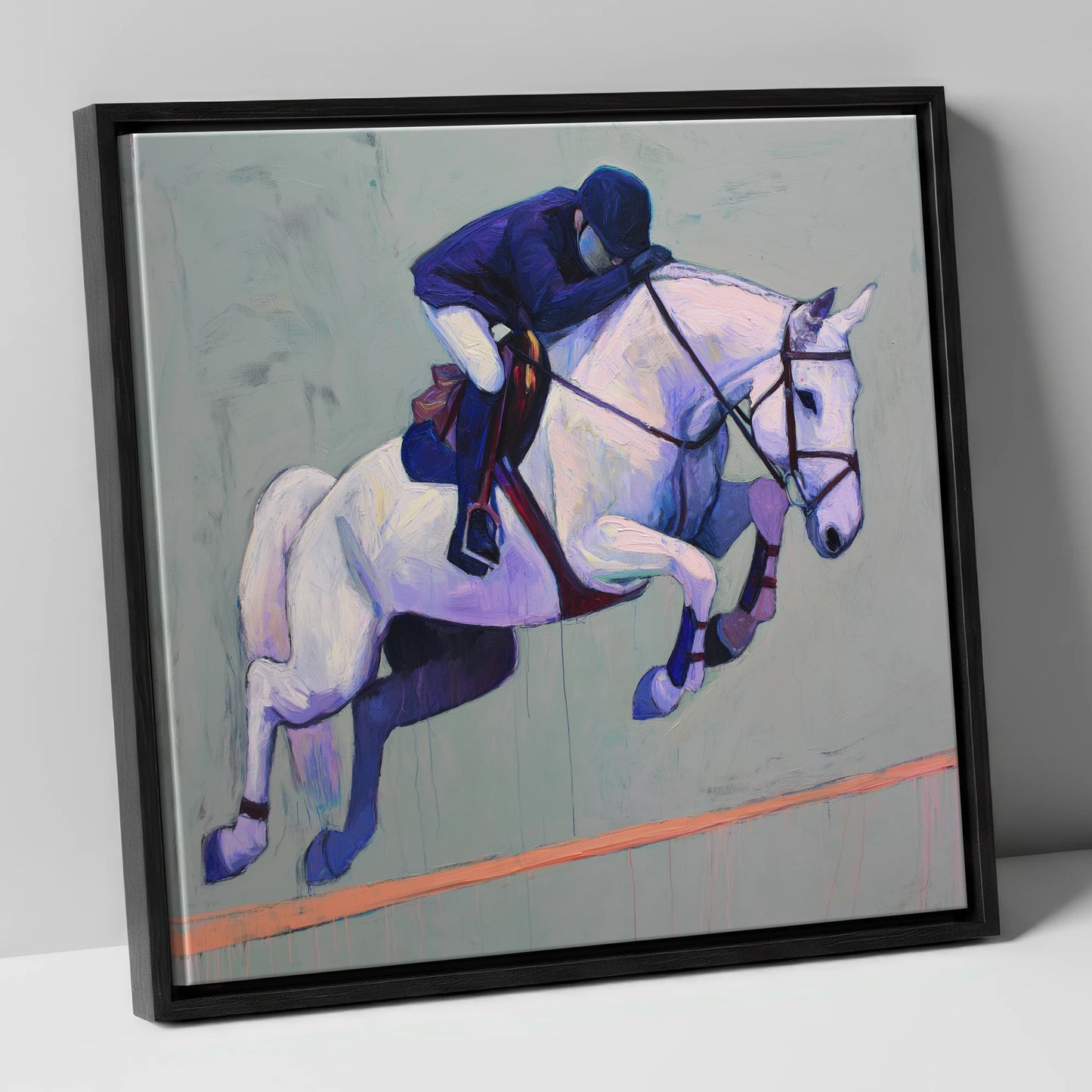 Suspended in Blue show jumping horse canvas wall art in black frame